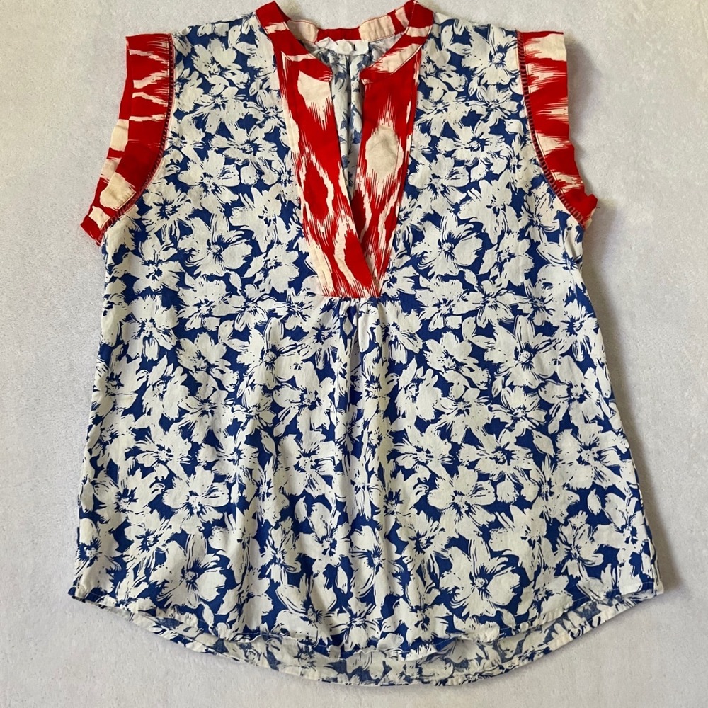 THML Sleeveless Top Blue White Floral Red Ikat Trim V-Neck Small